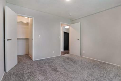 A room with a carpeted floor and two doors.