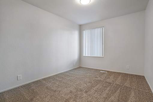 A room with a carpeted floor and a window with blinds.