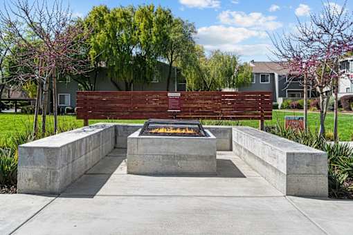 A fire pit is surrounded by concrete blocks in a park.