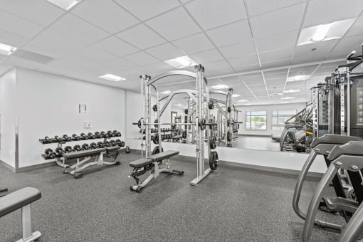 gym with cardio equipment and weights at the flats at 3600 apartments