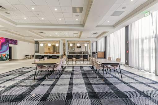 A room with a checkered carpet and a long table with chairs.