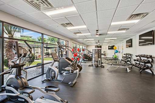 A gym with a row of treadmills and exercise bikes.