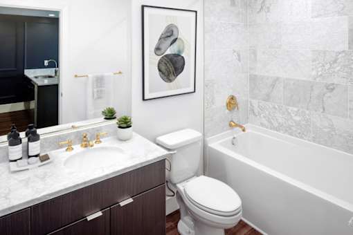 A bathroom with a white toilet and a white bathtub.