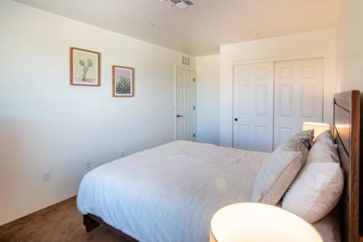 A bedroom with a bed, two pillows, a lamp, and two pictures on the wall.