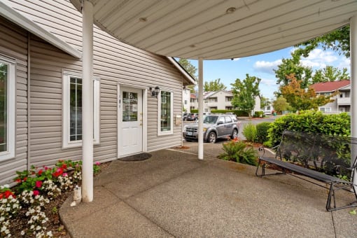 Gilhurst Apartments in Portland, Oregon Clubhouse Exterior and Covered Patio