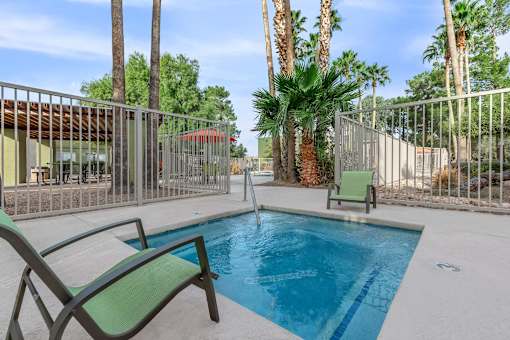 A pool surrounded by palm trees and a fence.