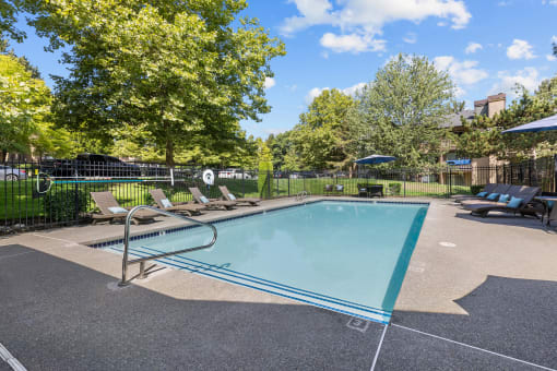 a swimming pool with lounge chairs and trees in a park
