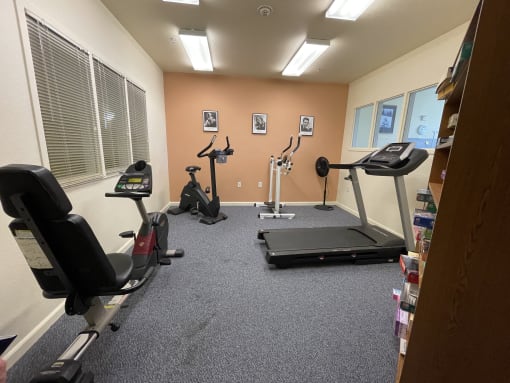 a gym with treadmills and other exercise equipment in a small room