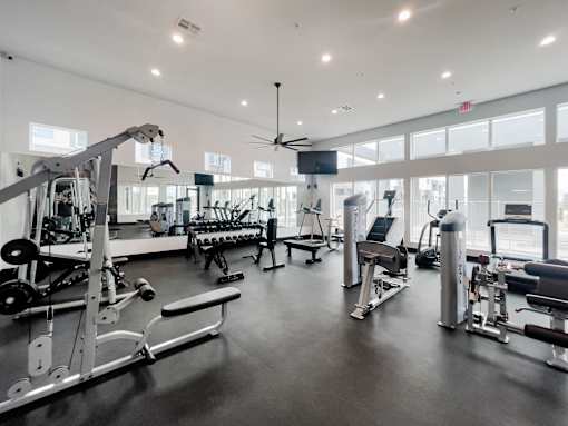 A spacious gym with a variety of equipment including a weight bench, a rowing machine, and a treadmill.