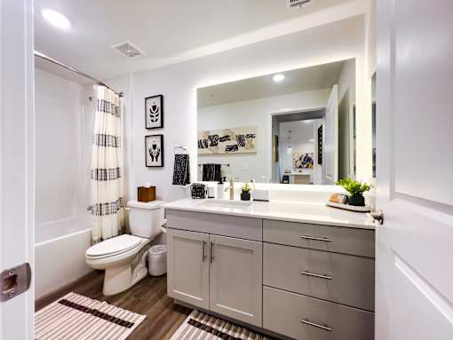 A bathroom with a toilet, sink, and mirror.