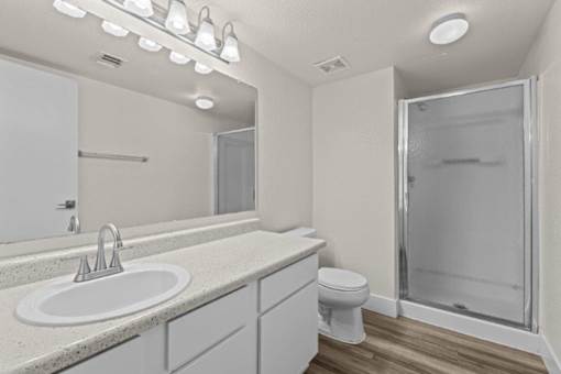 A bathroom with a sink, toilet, and shower.