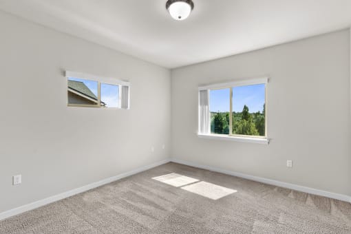 a bedroom with two windows and a carpeted floor