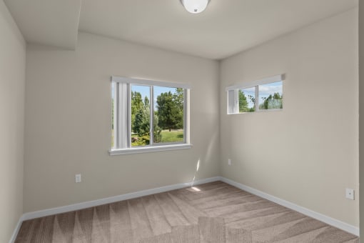 a bedroom with two windows and a carpeted floor