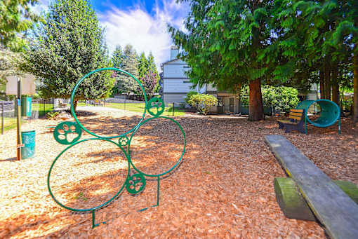 A playground with a green metal structure and a bench.