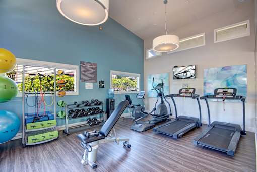 A gym with treadmills, exercise bikes, and weights.