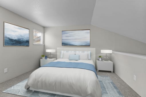 a bedroom with a bed and two night stands