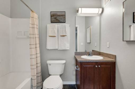A bathroom with a toilet, sink, and a shower curtain.