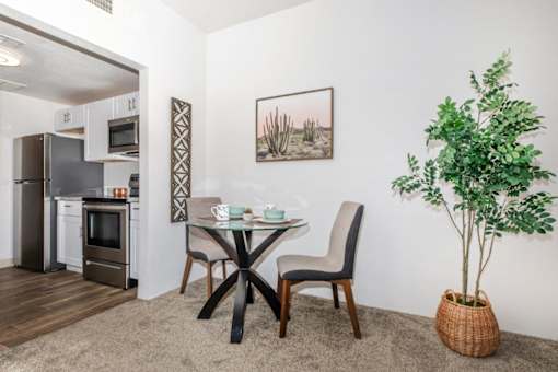 A dining area with a table and chairs and a potted plant.