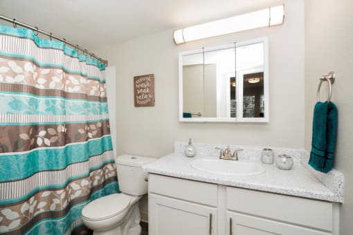 a bathroom with a white sink and toilet next to a shower with a blue and brown shower