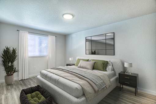 Oasis at 2600 Bedroom with bed, window and art