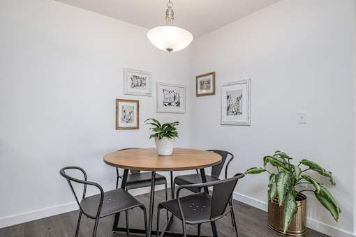a dining room with a table and chairs and a potted plant