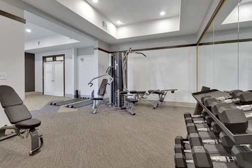 A gym with a variety of equipment including weights and a treadmill.