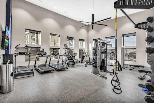 A spacious gym with a variety of equipment including treadmills, weights, and a bench press.