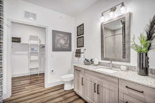 A bathroom with a toilet, sink, and mirror.
