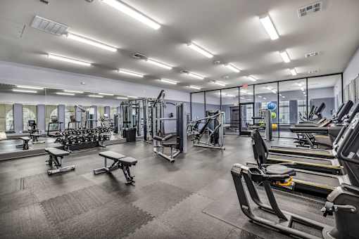 A spacious gym with a variety of equipment including treadmills, weights, and benches.