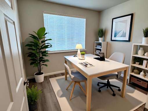 A white desk with a chair and a potted plant in a room.