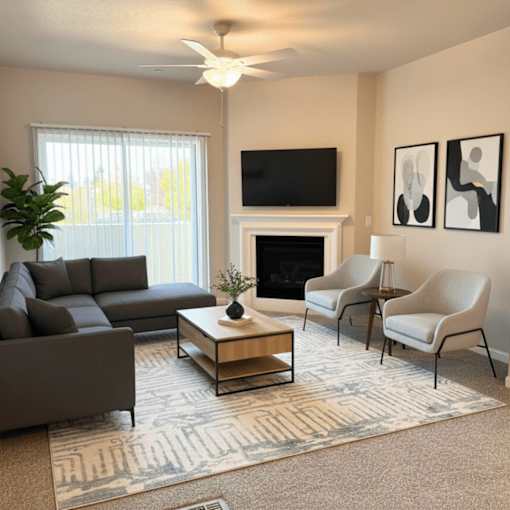 A living room with a grey couch, a coffee table, a fireplace, and a television.