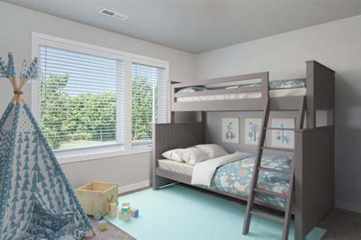 A child's bedroom with a teepee and bunk beds.
