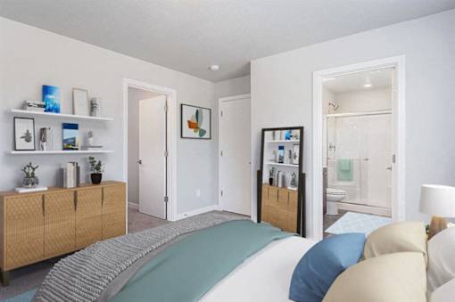 A bedroom with a bed, a dresser, and a mirror.