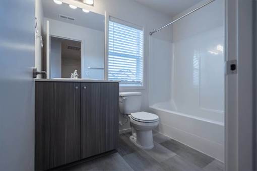 A white toilet sits next to a bathtub in a bathroom.