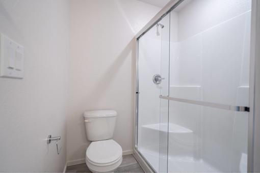 A white toilet in a small bathroom with a glass shower door.