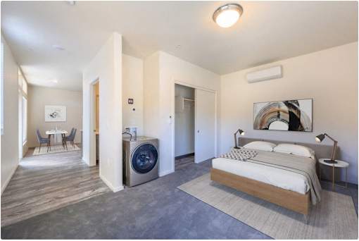 A bedroom with a large bed and a washing machine in the corner.