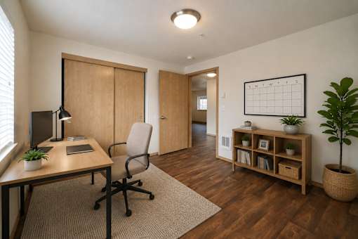 A modern office with a desk, chair, and a plant.