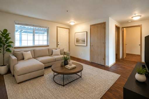 A living room with a couch, a coffee table, and a plant.