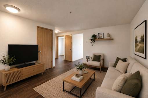 A living room with a television, couch, and coffee table.