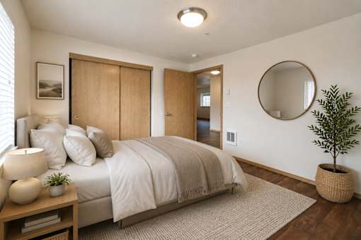 A bedroom with a bed, a plant, and a round mirror on the wall.