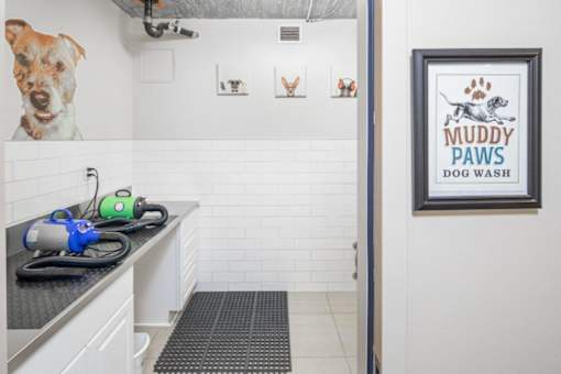 A dog wash station with a picture of a dog and the words "Muddy Paws Dog Wash" on the wall.