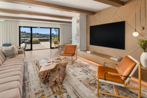 a living room with a couch and chairs and a television at Liza Apartments, Washington