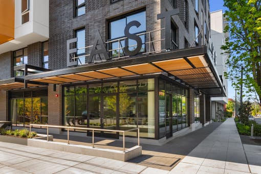 the entrance to a building with a large sign on the front of it at Liza Apartments, Seattle, Washington