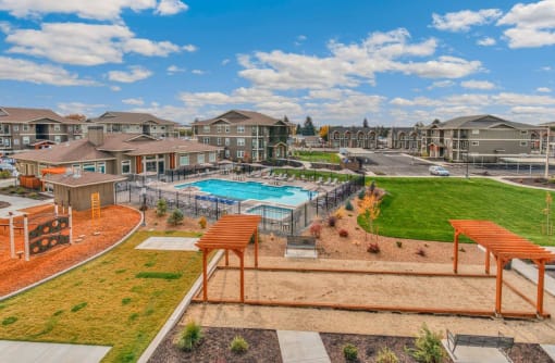 Aerial View of RedPoint Clubhouse and Pool Area