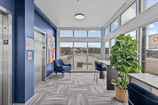 A view of a hallway with a chair and a plant.