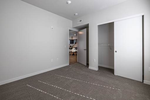 A room with a carpeted floor and two white doors.