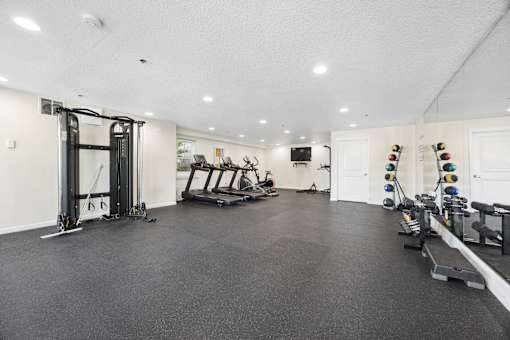 Community fitness center with new equipment and weights at Springwater Crossing apartments in Gresham, Oregon 97030