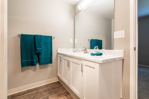 A bathroom with a white counter and a mirror.
