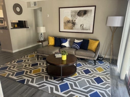 A living room with a grey couch, a coffee table, and a patterned rug.