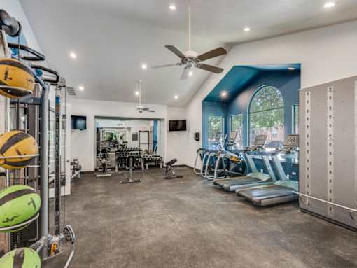 A gym with a variety of equipment including treadmills, weights, and a fan.